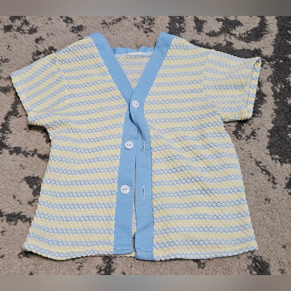 Vintage 1960s 1970s Kids Yellow And Blue Short Sleeve‎ Cardigan